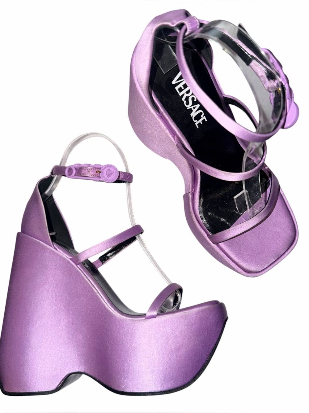 Versace Purple Satin Safety Pin Platform Wedge Sandals US 6.5 EU 36.5 New 🟠
